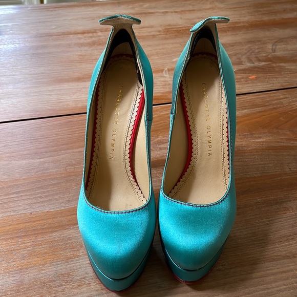 Charlotte Olympia Turquoise/Red Satin Josephine Platform Pumps Size 37.5 - Picture 4 of 12